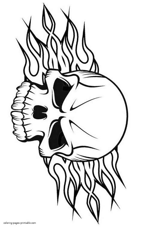 Flamed Skull Coloring Page | Easy skull drawings, Cool skull drawings ...