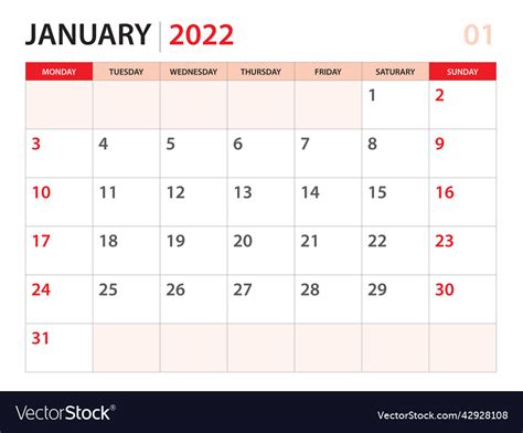 Calendar planner 2022 - january template Vector Image