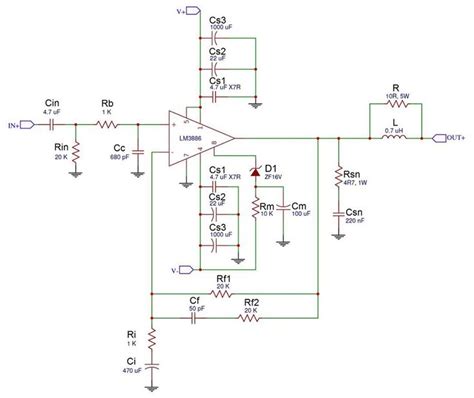 Circuit schematic of the LM3886 Hi-Fi amplifier. It’s basically the same as the one in the ...