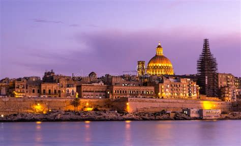 Illuminated Skyline of Valletta Capitol of Malta at Sunset Stock Photo - Image of vacation ...