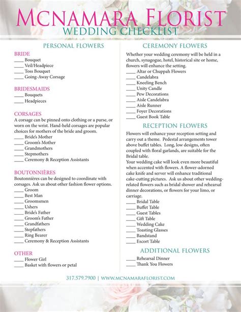 Checklist for your wedding flowers. McNamara Florist Floral Checklist. | Wedding checklist, Diy ...