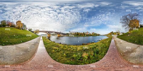 360° view of full seamless spherical panorama 360 degrees angle view on bank of wide river in ...