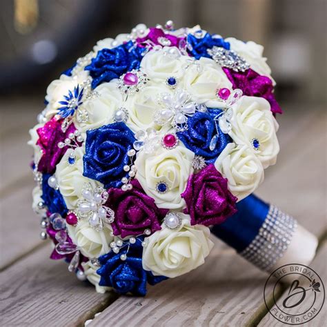 Royal blue and fuchsia pink jeweled wedding bouquet – The Bridal Flower – silk and real touch w ...