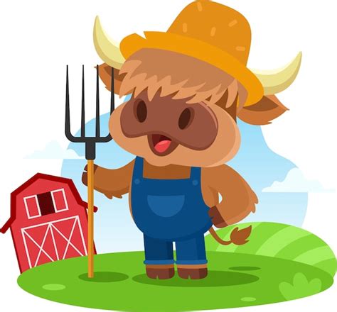 Premium Vector | Cute Highland Cow Farmer Cartoon Character Carrying A Rake