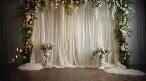 White Wedding Stage Covered In Flowers And Candles Background, Picture Backdrop For Wedding ...