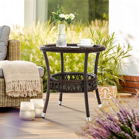 Outdoor Side Table Patio Wicker Coffee Table Outdoor End Table Rattan Bistro Table with Storage ...