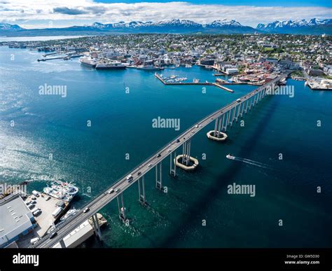 Bridge of city Tromso, Norway aerial photography. Tromso is considered the northernmost city in ...