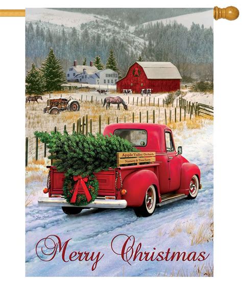 Red Pickup Truck Merry Christmas Farm House Flag - I AmEricas Flags ...