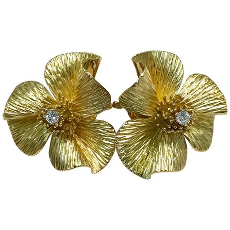 Frosted Crystal Diamond Gold Flower Earrings 1950s at 1stDibs