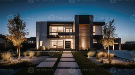 AI Generative Exterior of modern luxury house with garden and beautiful ...