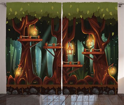 Firefly Curtains 2 Panels Set, Fairy Forest Woodland with Lanterns and Insects Flashlights Artsy ...