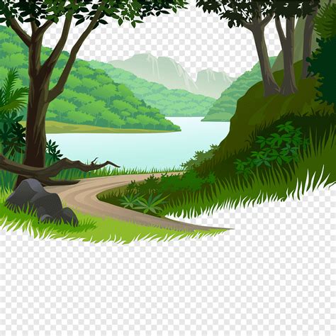 Animated forest pathway, Nature Cartoon Illustration, Mountain road small river, comics, leaf ...