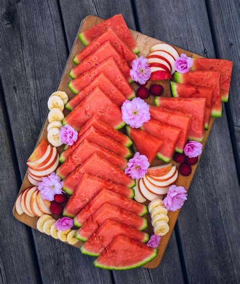 Fruit platter with watermelon, apple, banana and raspberries. | Fruit ...