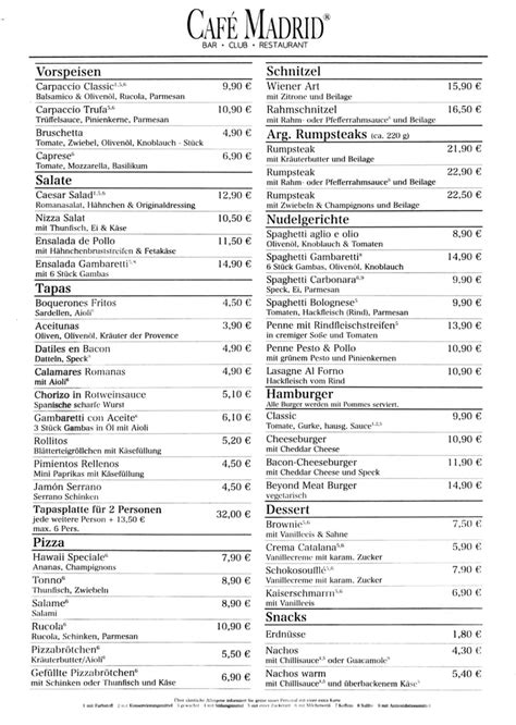 Menu at Café Madrid cafe, Aachen, Pontstraße 141-149