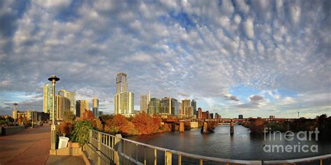 Downtown Skyline Sunset from Pfluger Bridge over LadyBird Lake - Austin TX Photograph by Bruce ...