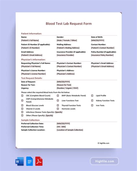 Blood Test Lab Request Form - Word | PDF | Google Docs - Highfile