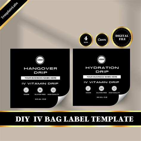 IV Bag Label, IV Label, IV Hydration Labels, Printable Label, Editable Canva Label, 4 Sizes, 3X3 ...