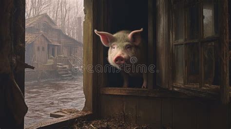 A Charming Pig in an Old House Surrounded by Water Stock Illustration ...