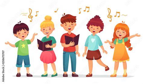 Singing kids. Music school, kid vocal group and children choir sing cartoon vector illustration ...