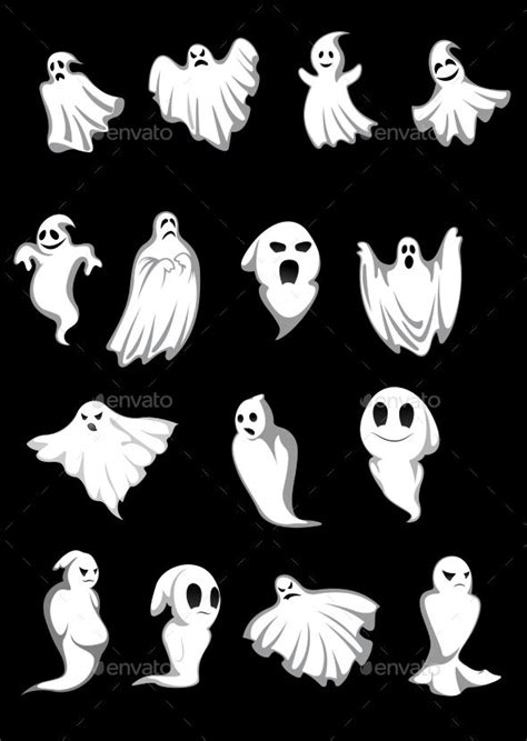 White Halloween ghosts and poltergeist on black background, for scary ...