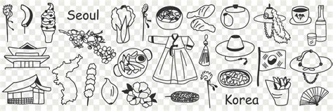 Asian korean symbols doodle set. Collection of hand drawn various ...