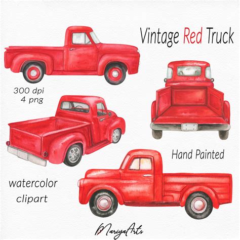 Red Truck Watercolor Clipart, Vintage, Retro Red Trucks, Farm Classic ...