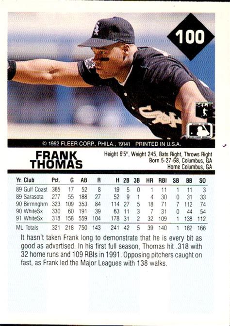 Frank Thomas #100 Prices | 1992 Fleer | Baseball Cards