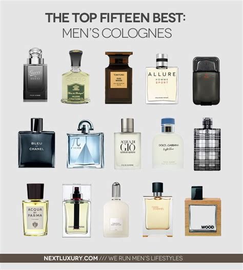 the top fifteen best men's colognes are displayed on a white background with black accents