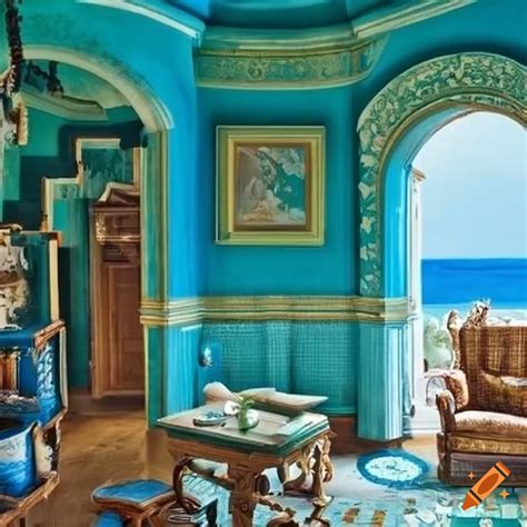 Castle interior cozy blue green seaside