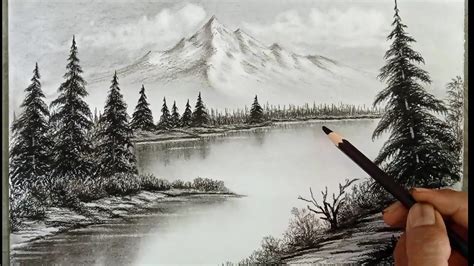 Pencil drawing landscape scenery/ Snow mountain landscape drawing with ...