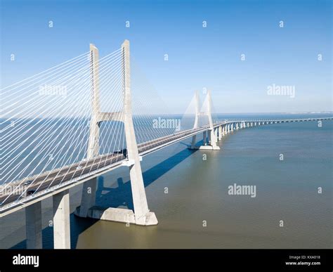 Aerial View Of Vasco da Gama Bridge And High Car Traffic In Lisbon City Of Portugal Stock Photo ...