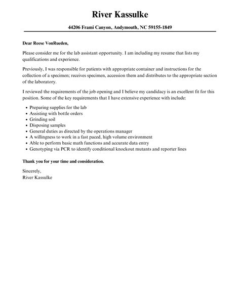 Lab Assistant Cover Letter | Velvet Jobs