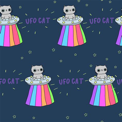 Cute dark blue pattern with stars ufo cats text. Pets seamless ...