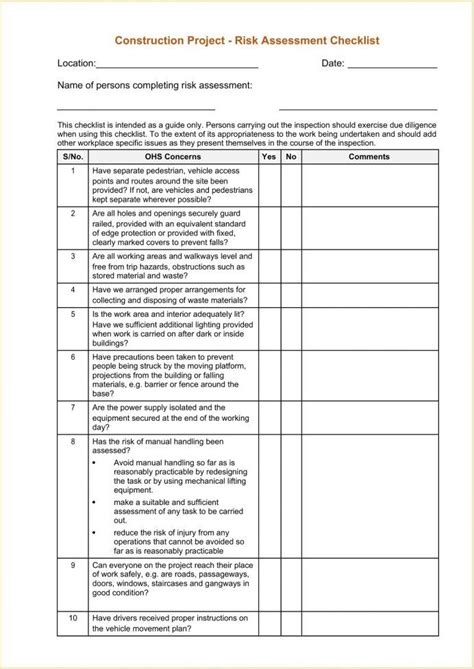 Construction Project Risk Assessment Checklist Template Sample ...