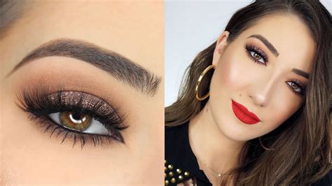 SPARKLY BROWN SMOKEY EYE & RED LIPS MAKEUP TUTORIAL - YouTube