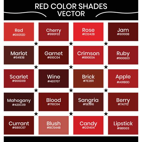 red color shades vector illustration with color hex code, twenty ...