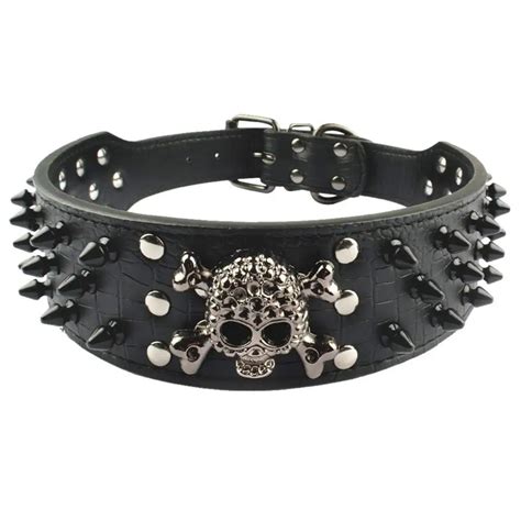 piked Leather Dog Collar 3 Rows Bullet Rivets Studded PU Leather Cool Skull Pet Accessories for ...