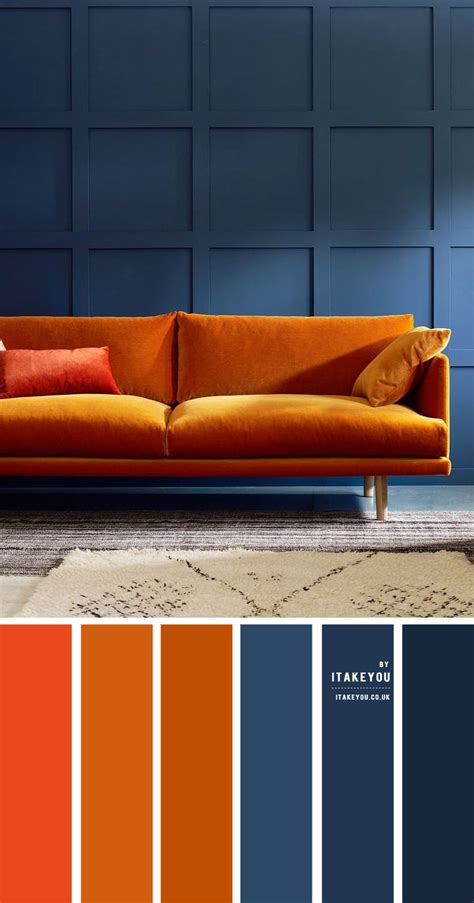 Dark blue and rust color scheme for living room | Blue and orange living room, Living room color ...