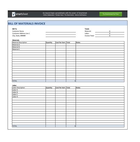 Build Of Materials Excel Template