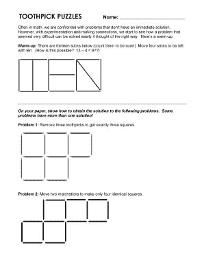 Toothpick Puzzle Activity- Student - Fill and Sign Printable Template Online