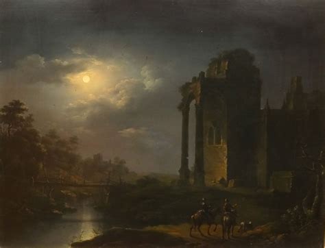 Large 19th Century Moonlit Ruins River Landscape Antique Oil Painting ...