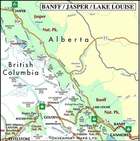 Map of Banff, Jasper, and Lake Louise, Alberta – British Columbia Travel and Adventure Vacations