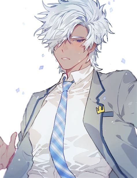 an anime character with white hair wearing a suit and tie