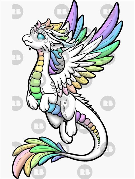 a white dragon with multicolored wings on it's back, sitting in the air