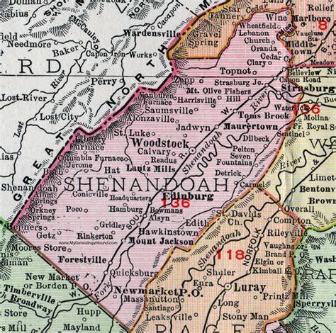 Shenandoah County, Virginia, Map, 1911, Rand McNally, Woodstock, Edinburg, Strasburg