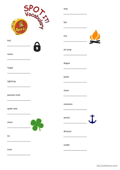 Spot It! Game Vocabulary for Kids: English ESL worksheets pdf & doc