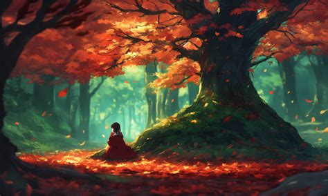 Lexica - A anime girl sitting under a tree with red leaves, dark scary forest with green and ...