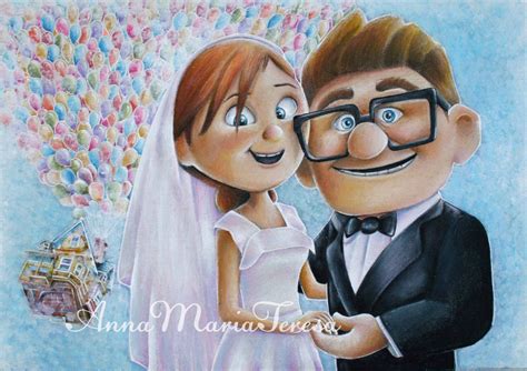 Carl and Ellie wedding art print. | Movie character drawings, Up pixar, Up the movie