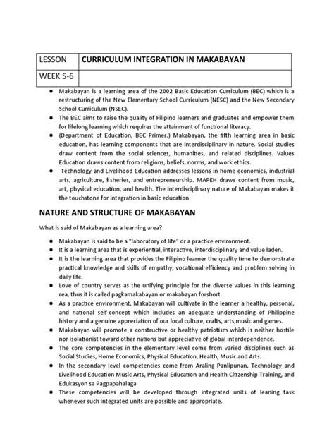 Week 5-6 Curriculum Integration in Makabayan | PDF | Learning | Teachers