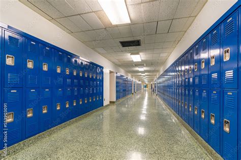 Typical, nondescript USA empty school hallway with royal blue metal lockers along both sides of ...